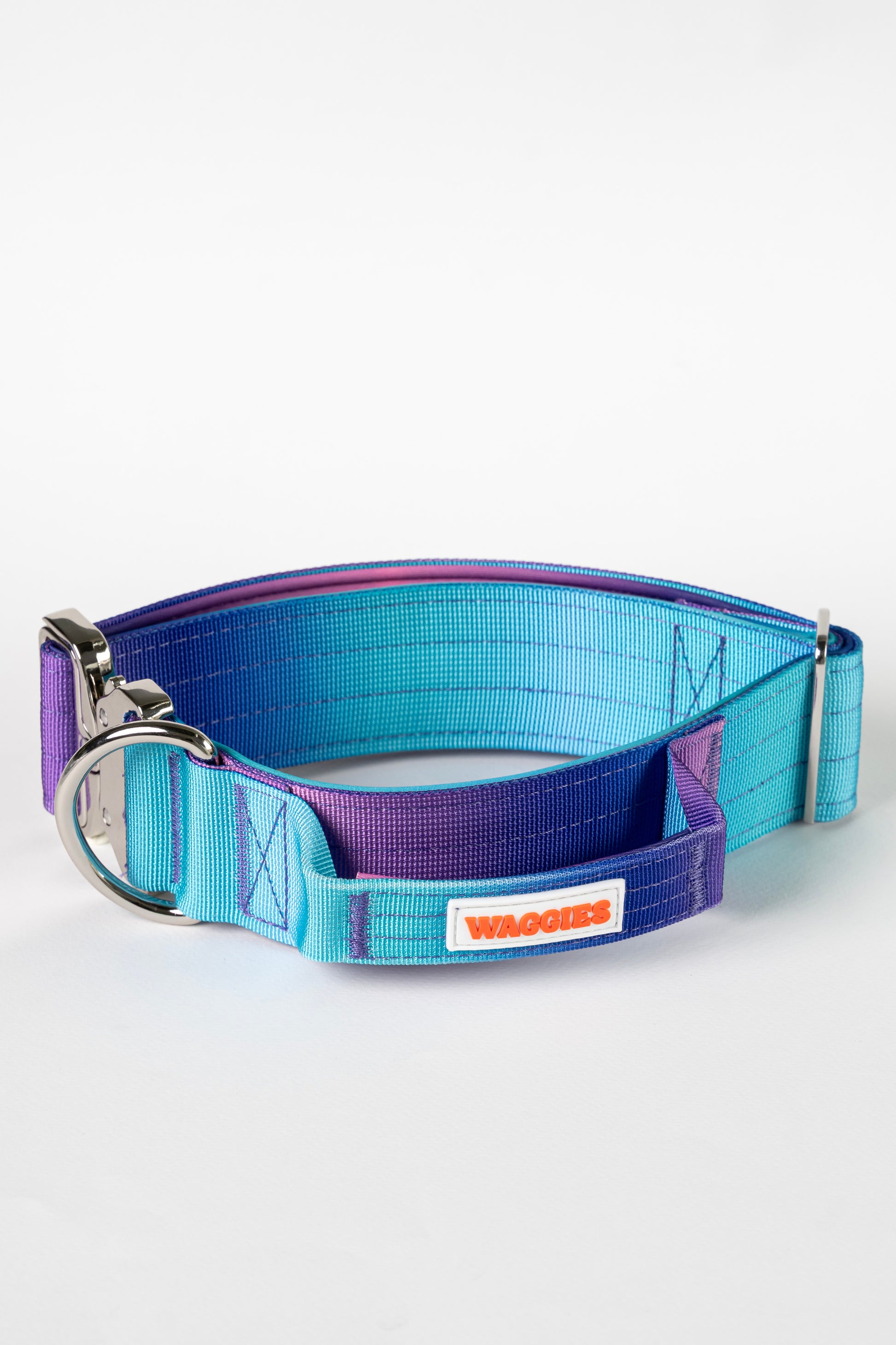 Waggies Blue and purple dog collar with a visible brand logo on a white background